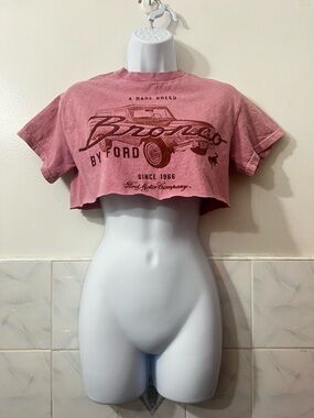 Ford Pink Mineral Wash Distressed DIY Cropped Tee Size S Raw Hem Grunge Retro